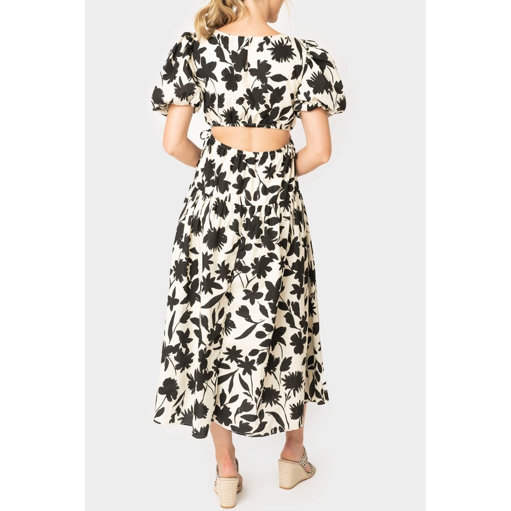 Moon River Puff Sleeve Dress Backless cut out black & white floral midi tea med